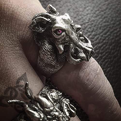 Alte Jewellers 925 Sterling Silver Wild Boar Warthog Ring (Ruby, 5)