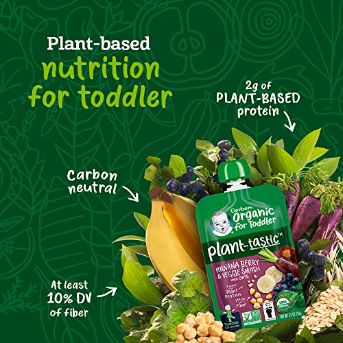 Gerber Organic for Toddler Plant-tastic Toddler Food Summer Fruit and Veggie Smoothie, 3.5 oz Pouch (12 Pack)