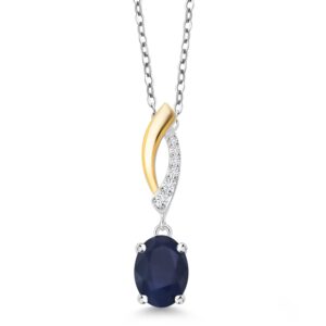 gem stone king 925 sterling silver and 10k yellow gold blue sapphire and white lab grown diamond pendant necklace for women (1.85 cttw, gemstone september birthstone, with 18 inch silver chain)