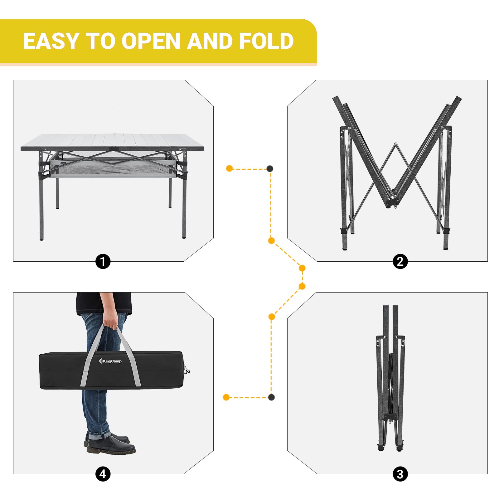 KingCamp Spacious Tabletop Area Aluminum Compact Roll 4-6 Person Stable Adjustable Feet Table with Carry Bag for Outdoor Camp Picnic, Black/Siver_53.5"×27.5" with Storage Layer