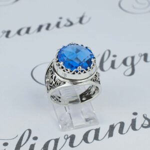 Filigranist 925 Sterling Silver Filigree Art Blue Quartz Gemstone Women Cocktail Statement Ring, Luxurious Gift Boxed (Blue Quartz, 10.5)