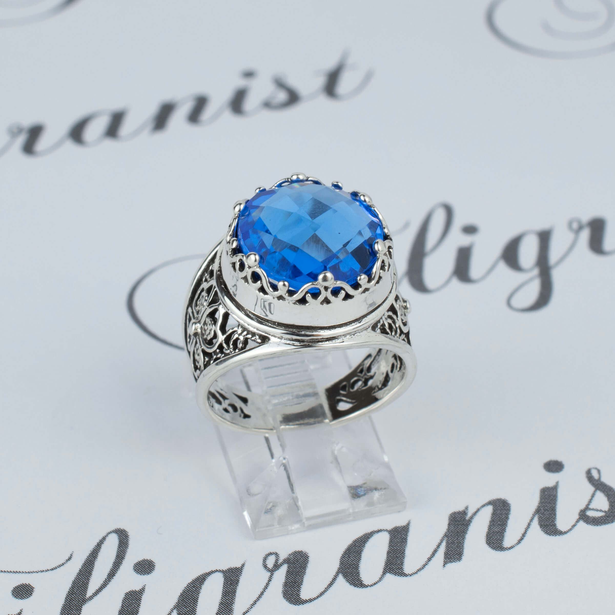 Filigranist 925 Sterling Silver Filigree Art Blue Quartz Gemstone Women Cocktail Statement Ring, Luxurious Gift Boxed (Blue Quartz, 10.5)