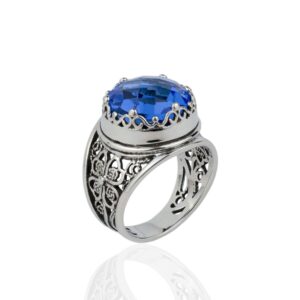 Filigranist 925 Sterling Silver Filigree Art Blue Quartz Gemstone Women Cocktail Statement Ring, Luxurious Gift Boxed (Blue Quartz, 10.5)