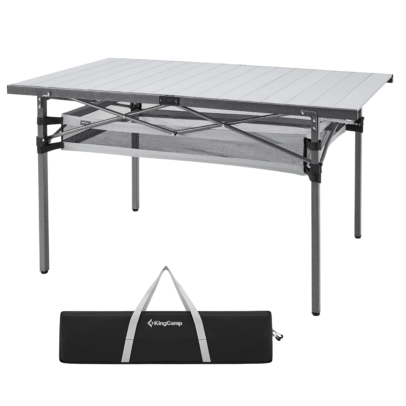 KingCamp Spacious Tabletop Area Aluminum Compact Roll 4-6 Person Stable Adjustable Feet Table with Carry Bag for Outdoor Camp Picnic, Black/Siver_53.5"×27.5" with Storage Layer