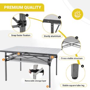 KingCamp Spacious Tabletop Area Aluminum Compact Roll 4-6 Person Stable Adjustable Feet Table with Carry Bag for Outdoor Camp Picnic, Black/Siver_53.5"×27.5" with Storage Layer