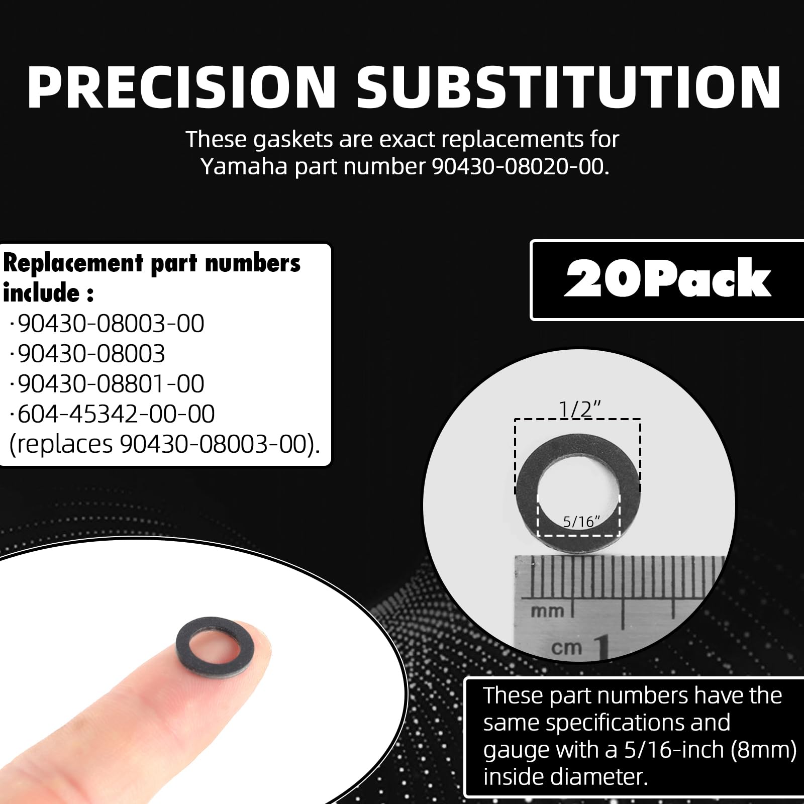 TonGass (20-Pack, Black) Exact Replacement for Yamaha 90430-08020-00 & 90430-08003-00 - Lower Gear Case Oil Drain Gaskets - Japanese Hard Fiberboard Gaskets - Fits for Yamaha 4-Stroke Outboard Motors