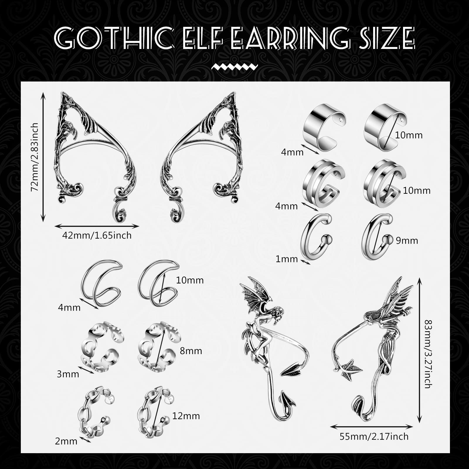 16 Pcs Elf Ear Cuffs Silver Piercing Ear Cuff Earrings Stylish Metal Sliver Colored Gothic Stud Earrings for Costume Cosplay (Elf Angel Demon Style)