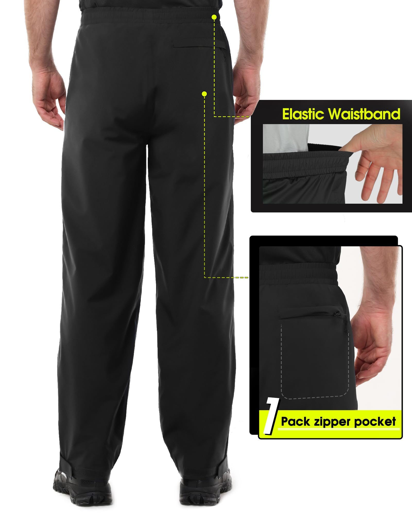 33,000ft Men's Rain Pants Waterproof Rain Over Pants Windproof Lightweight Outdoor Rain Pants for Work Golf Hiking Fishing Black