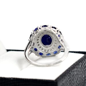 September Birthstone Natural 9X7 MM Oval Cut Blue Sapphire Gemstone 925 Solid Silver Cluster Unisex Proposal Ring Wedding Jewelry For Bridal Gift (Rhodium Plated Silver, 6)