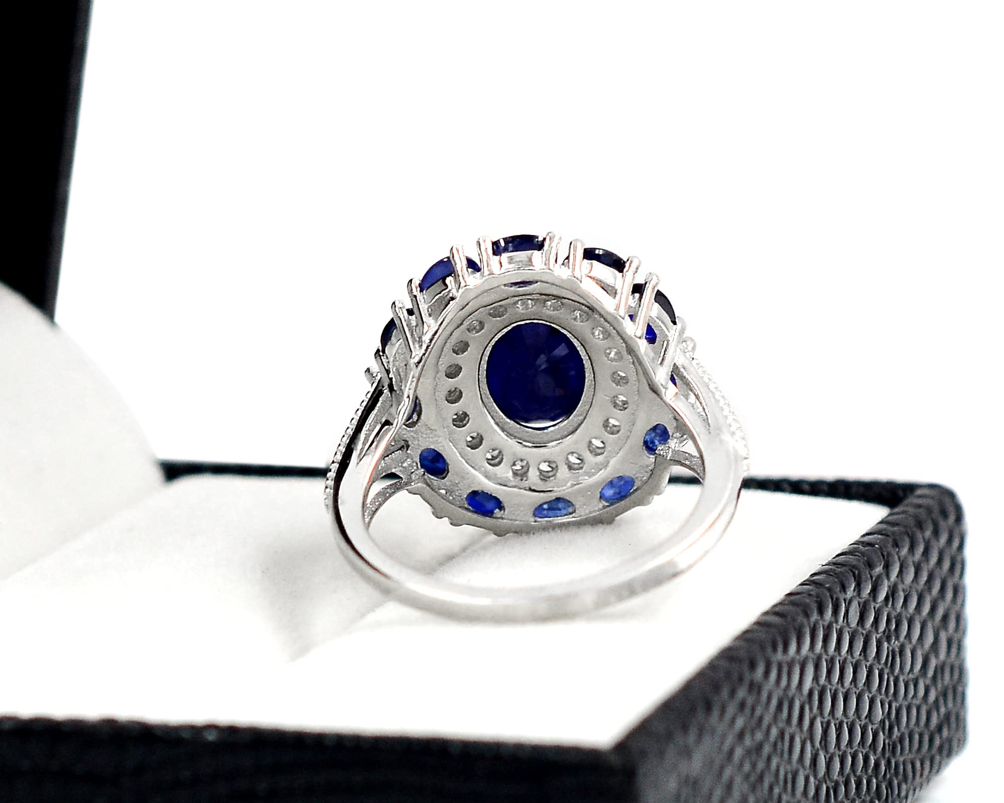 September Birthstone Natural 9X7 MM Oval Cut Blue Sapphire Gemstone 925 Solid Silver Cluster Unisex Proposal Ring Wedding Jewelry For Bridal Gift (Rhodium Plated Silver, 6)