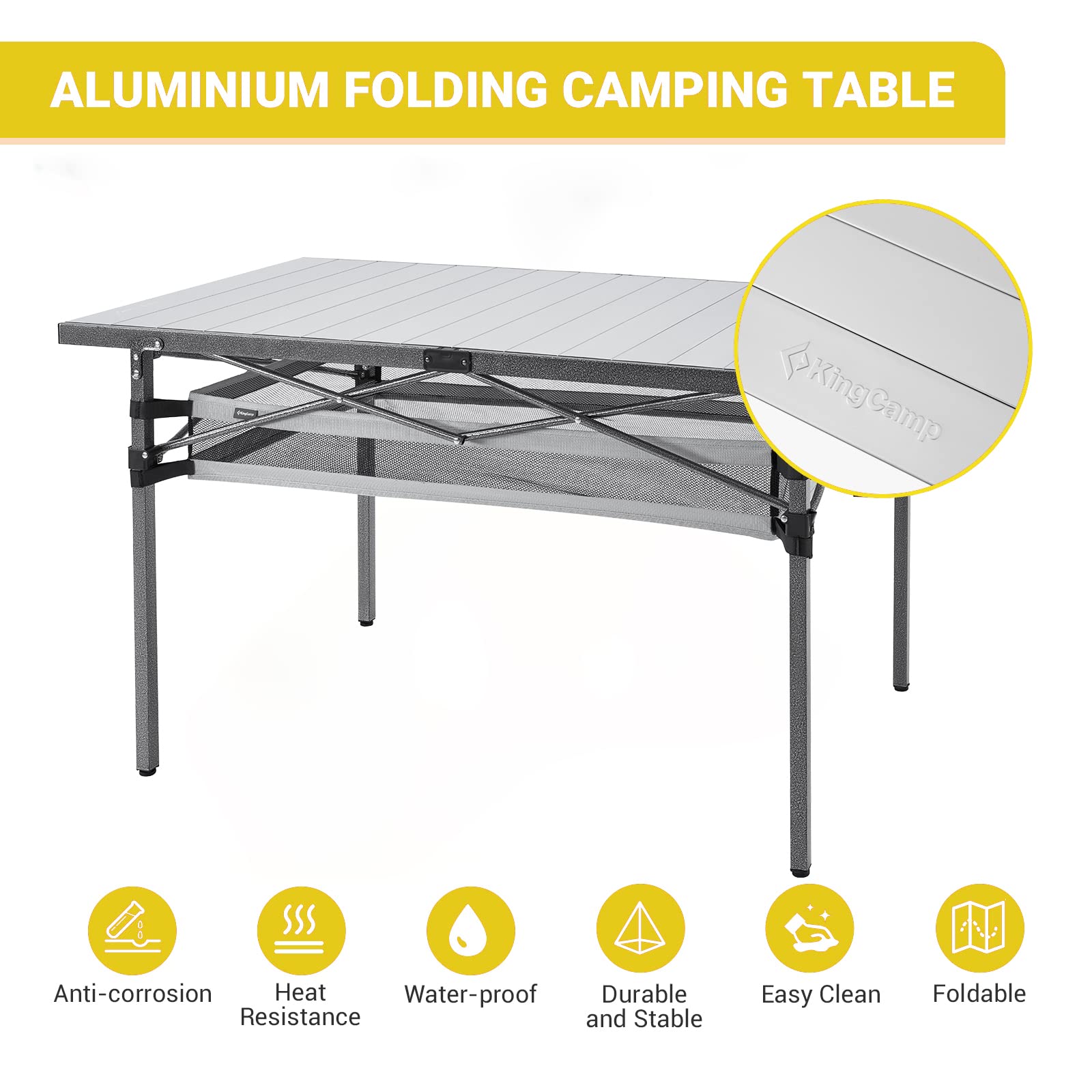 KingCamp Spacious Tabletop Area Aluminum Compact Roll 4-6 Person Stable Adjustable Feet Table with Carry Bag for Outdoor Camp Picnic, Black/Siver_53.5"×27.5" with Storage Layer