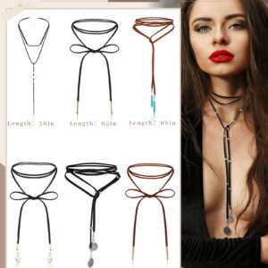 Sureio 6 Pcs Women Black Leather Velvet Long Choker Gothic Boho Brown Wrap Velvet Choker Long Chain Tassels Modern Choker with Velvet Bag for Girls Cowgirl