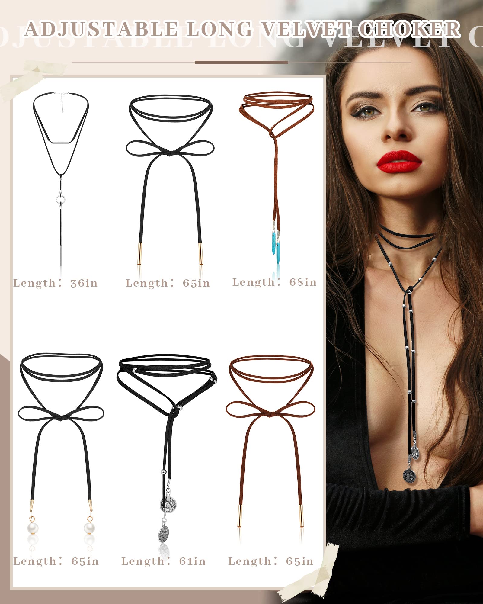 Sureio 6 Pcs Women Black Leather Velvet Long Choker Gothic Boho Brown Wrap Velvet Choker Long Chain Tassels Modern Choker with Velvet Bag for Girls Cowgirl