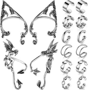 16 pcs elf ear cuffs silver piercing ear cuff earrings stylish metal sliver colored gothic stud earrings for costume cosplay (elf angel demon style)