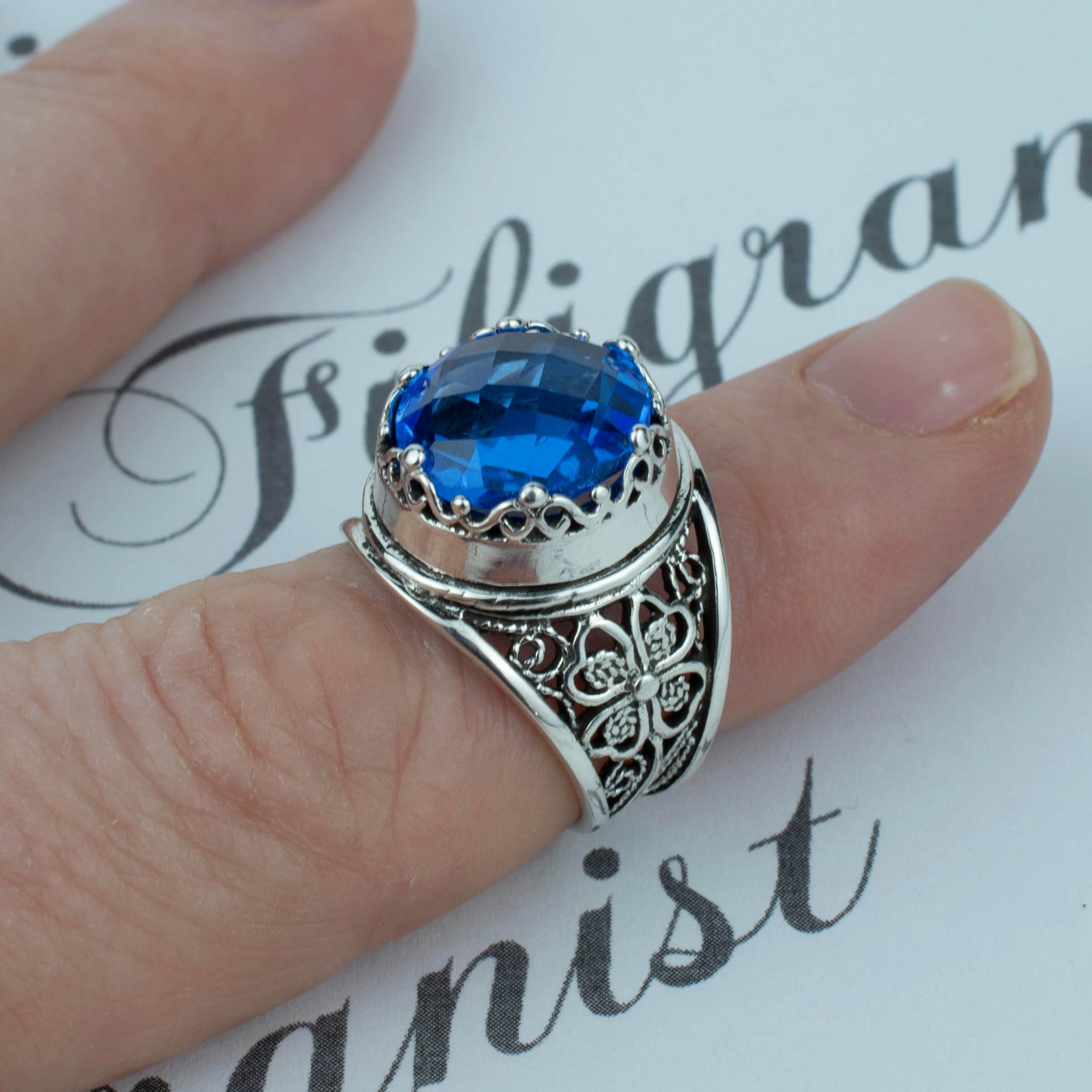 Filigranist 925 Sterling Silver Filigree Art Blue Quartz Gemstone Women Cocktail Statement Ring, Luxurious Gift Boxed (Blue Quartz, 10.5)