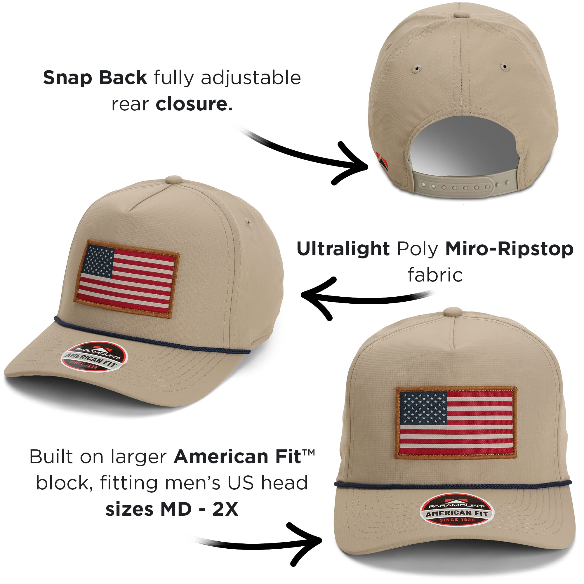 Paramount Outdoors American Flag Performance Ripstop American Fit US Patriotic Cap Fits Head Sizes MD - XX (Khaki)