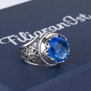 Filigranist 925 Sterling Silver Filigree Art Blue Quartz Gemstone Women Cocktail Statement Ring, Luxurious Gift Boxed (Blue Quartz, 10.5)