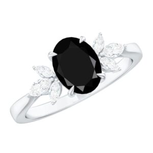 Certified Black Onyx 6X8 MM Oval Engagement Ring with Diamond Accent, AAA Quality (With Ready to Gift Jewelry Box), 14K White Gold, Size:US 9.00