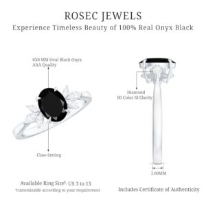 Certified Black Onyx 6X8 MM Oval Engagement Ring with Diamond Accent, AAA Quality (With Ready to Gift Jewelry Box), 14K White Gold, Size:US 9.00