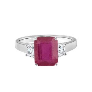 MOONEYE Classic 1.50 Ctw Radiant Cut Ruby Glass Field Gemstone 925 Sterling Silver Three Stone Promise Ring