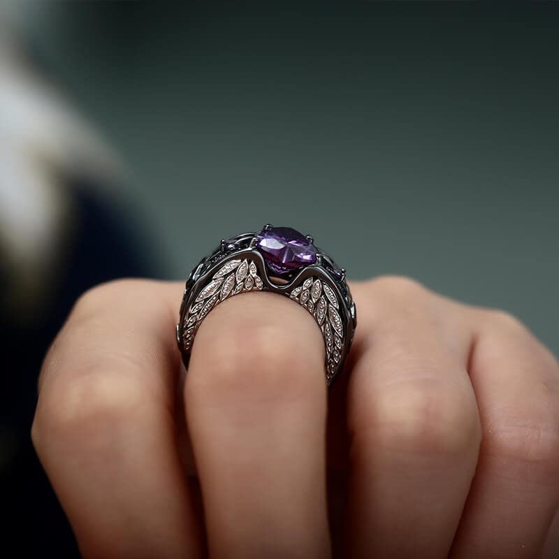 4.00Ct Heart Cut Purple Amethyst & Diamond Angel Wings Engagement Ring 925 Sterling Silver (4.5)