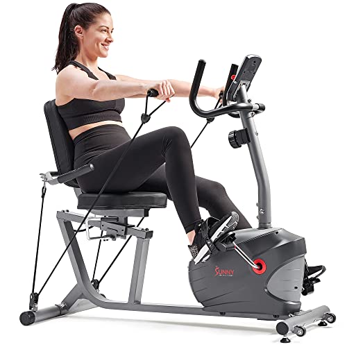 Sunny Health & Fitness Smart Magnetic Recumbent Exercise Bike Trainer w/Arm Exerciser for Full Body Workout, Indoor Cardio Cycling Machine for Seniors, Bluetooth Link to SunnyFit App-SF-RB420031