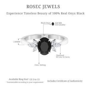 Certified Black Onyx 6X8 MM Oval Engagement Ring with Diamond Accent, AAA Quality (With Ready to Gift Jewelry Box), 14K White Gold, Size:US 9.00