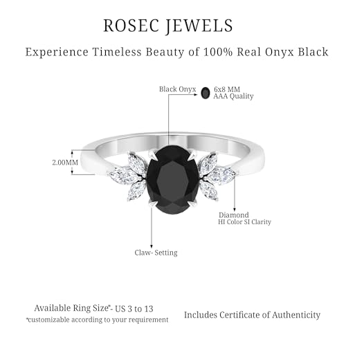 Certified Black Onyx 6X8 MM Oval Engagement Ring with Diamond Accent, AAA Quality (With Ready to Gift Jewelry Box), 14K White Gold, Size:US 9.00