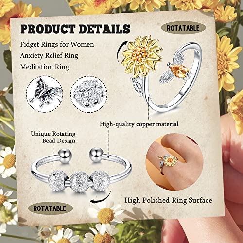 THUNARAZ 8 Pcs Silver Fidget Anxiety Rings for Women Adjustable Sunflower Butterfly Spinner Rings for Anxiety Rotatable Fidget Bead Ring for Stress Relieving with Box