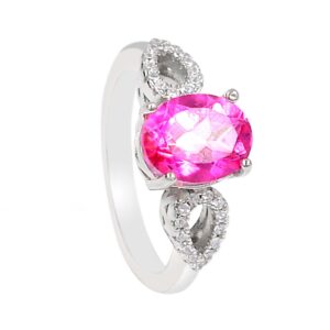 Natural 9X7 MM Oval Cut Pink Topaz Gemstone 925 Sterling Silver Wedding Jewelry Solitaire Unisex Proposal Engagement Ring Bridal Ring Gift For Her (Rhodium Plated Silver, 10)