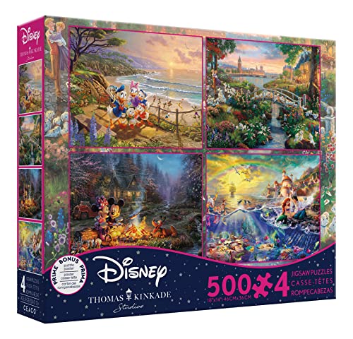 Ceaco - 4 in 1 Multipack - Thomas Kinkade - Disney Dreams Collection - Donald & Daisy Duck, 101 Dalmatians, Mickey, Minnie, & Pluto, & The Little Mermaid - (4) 500 Piece Jigsaw Puzzles