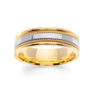 TGDJ Two Tone Gold Wedding Band - 7 mm Handmade Beautifully Crafted Wedding Ring for Couple - White Flat Gold Braided With Tight Yellow Gold ropes - Free Customized Engraving (14k Gold, 10.5)