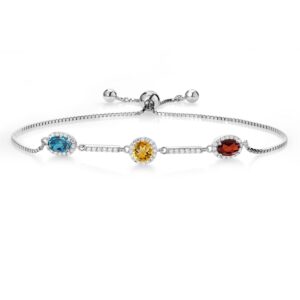 Gem Stone King 925 Sterling Silver London Blue Topaz Yellow Citrine Red Garnet and White Created Moissanite Tennis Bracelet For Women by Keren Hanan (2.23 Cttw, Fully Adjustable Up to 9 Inch)