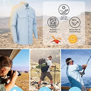 Outdoor Ventures Men's UPF 50+ UV Sun Protection Shirt, Long Sleeve Hiking Fishing Shirt Cooling Quick Dry for Safari Travel Light Blue