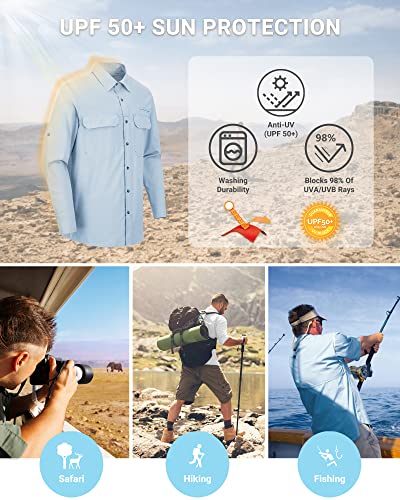 Outdoor Ventures Men's UPF 50+ UV Sun Protection Shirt, Long Sleeve Hiking Fishing Shirt Cooling Quick Dry for Safari Travel Light Blue