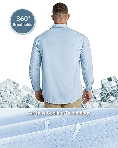 Outdoor Ventures Men's UPF 50+ UV Sun Protection Shirt, Long Sleeve Hiking Fishing Shirt Cooling Quick Dry for Safari Travel Light Blue