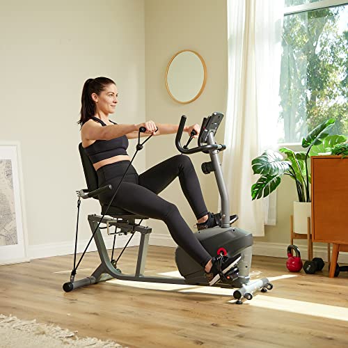 Sunny Health & Fitness Smart Magnetic Recumbent Exercise Bike Trainer w/Arm Exerciser for Full Body Workout, Indoor Cardio Cycling Machine for Seniors, Bluetooth Link to SunnyFit App-SF-RB420031