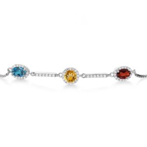 Gem Stone King 925 Sterling Silver London Blue Topaz Yellow Citrine Red Garnet and White Created Moissanite Tennis Bracelet For Women by Keren Hanan (2.23 Cttw, Fully Adjustable Up to 9 Inch)