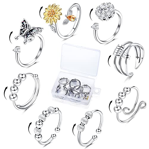 THUNARAZ 8 Pcs Silver Fidget Anxiety Rings for Women Adjustable Sunflower Butterfly Spinner Rings for Anxiety Rotatable Fidget Bead Ring for Stress Relieving with Box