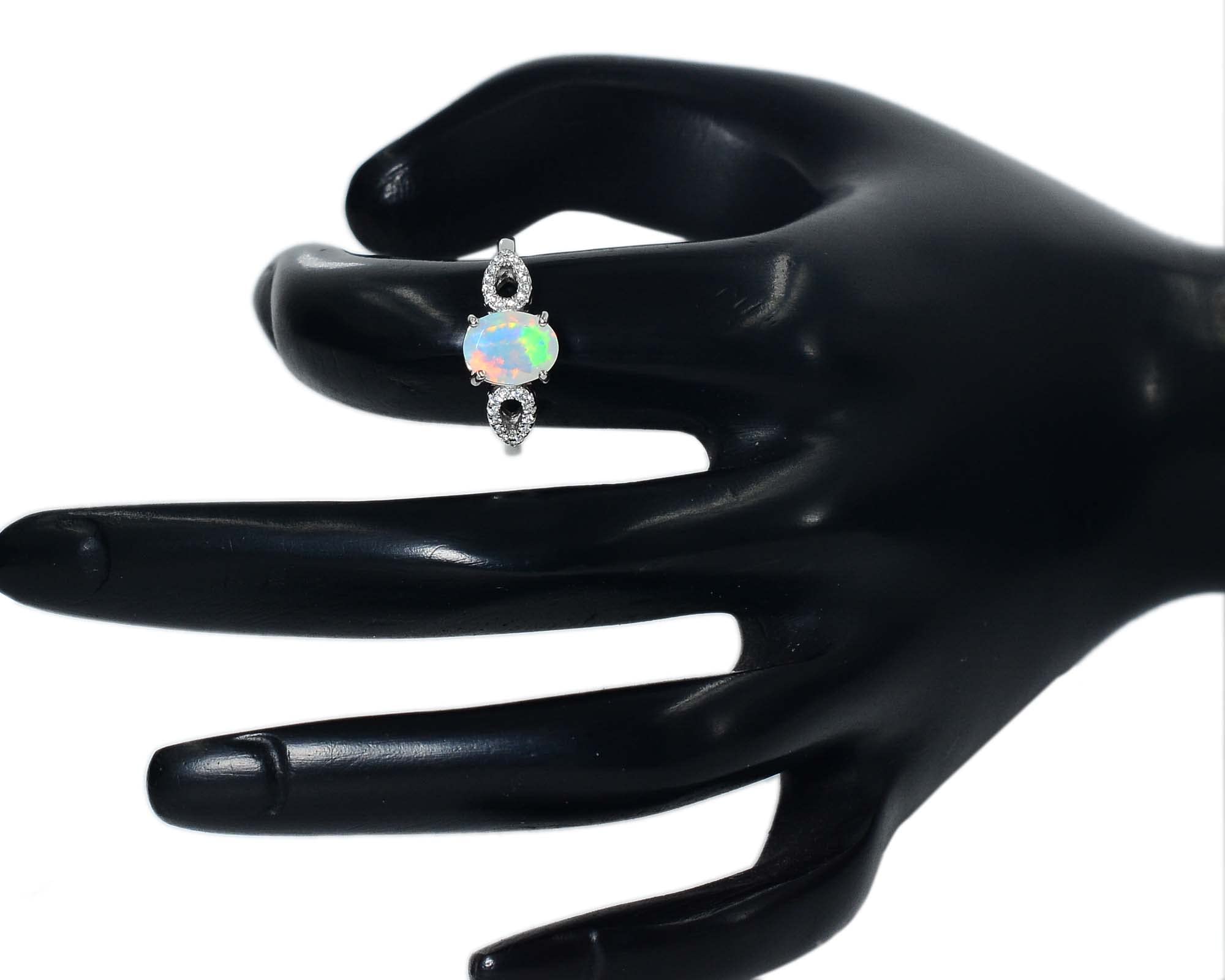 Natural 9X7 MM Ethiopian Welo Cut Opal Gemstone 925 Sterling Silver October Birthstone Wedding Jewelry Engagement Ring Gift For Her (Rhodium Plated Silver, 8.5)