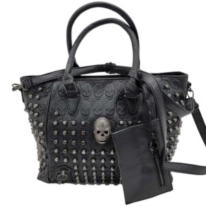 EMBOSSED SKULL LEATHERETTE BAGS TOTE STYLE SKULL HANDBAGS RHINESTONE SKULL PURSES (BHW79-BLACK)