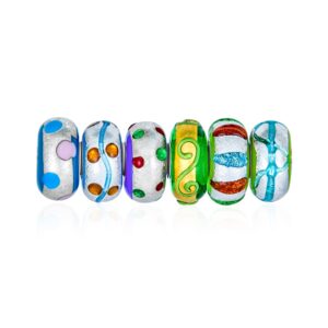 bundle set of 6 murano glass 3d lamp work multi color green blue gold foil metallic hand painted stripe dots & swirl charm bead for women teen.925 sterling silver fits european bracelet