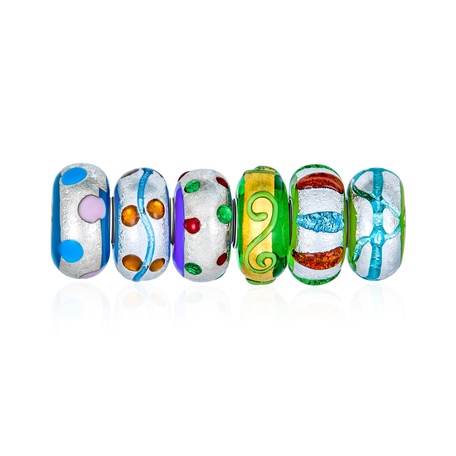 Bundle Set of 6 Murano Glass 3D Lamp Work Multi Color Green Blue Gold Foil Metallic Hand Painted Stripe Dots & Swirl Charm Bead For Women Teen.925 Sterling Silver Fits European Bracelet