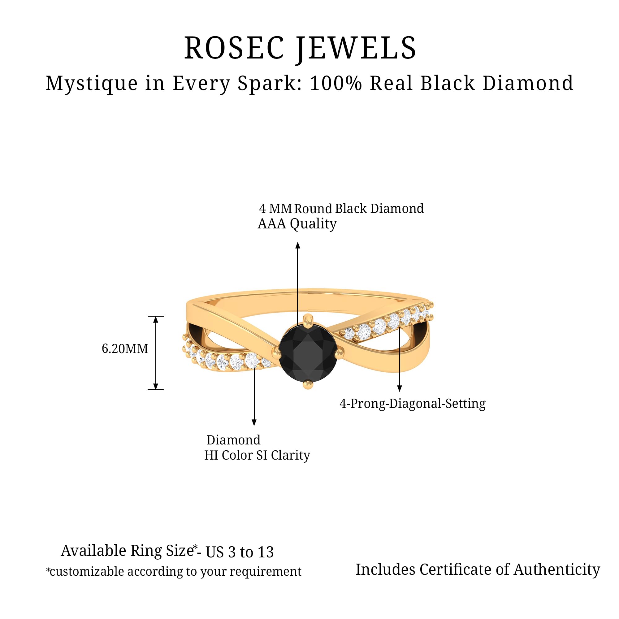 Rosec Jewels Certified Black and White Diamond Promise Ring, AAA Quality, Natural Diamond Pinky Ring for Women - Ready To Gift, 14K Yellow Gold, Size:US 7.00