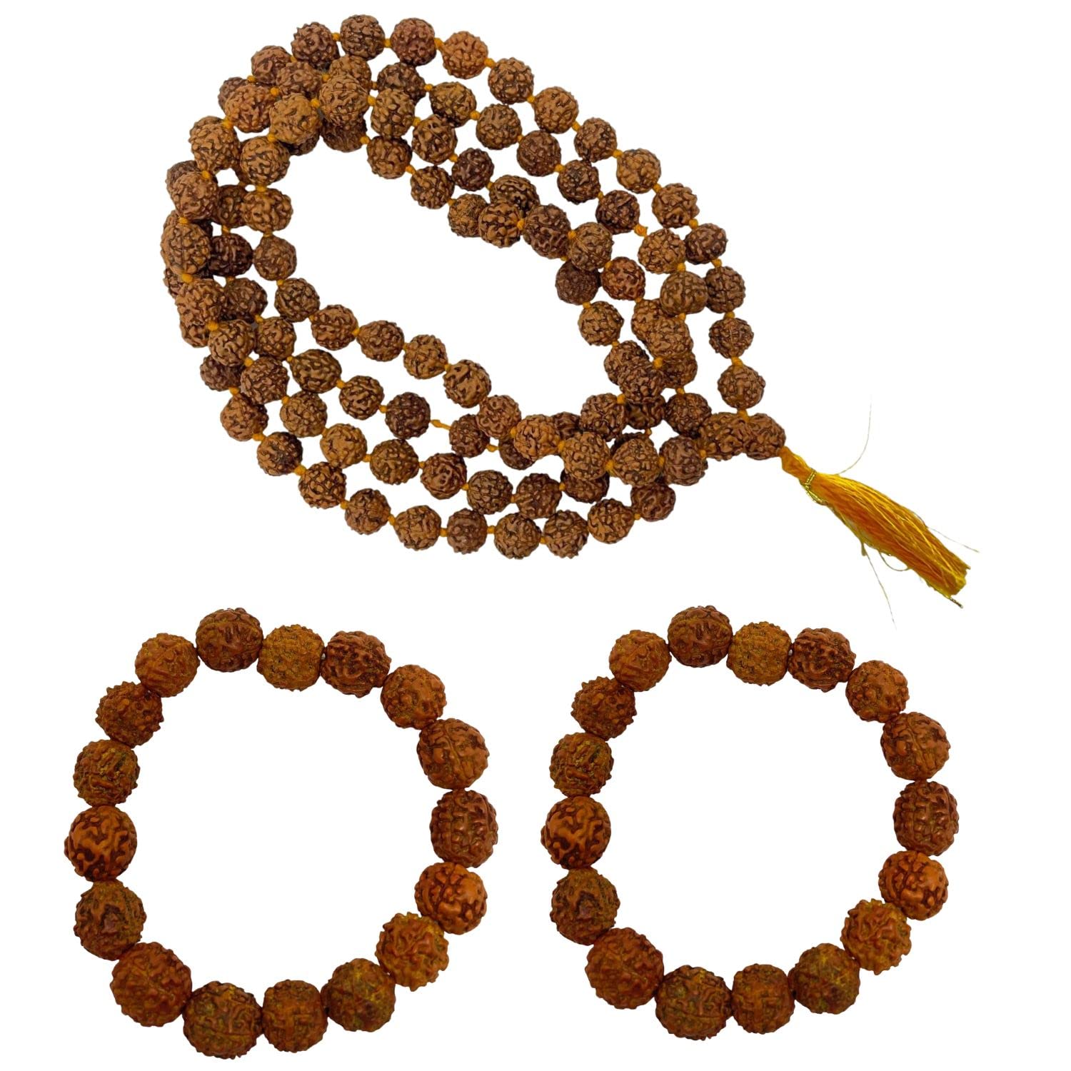 NAISHA (Pack of 3 Rudraksha Stretchable Bracelet 2 Pc. & Rudraksha Mala 108+1 Beads Necklace 5 mukhi Paanch mukhi 5 face Rudraksha, Prayer Beads, Wrist Mala Wrap, Jaap Mala, Bead Size 8 mm