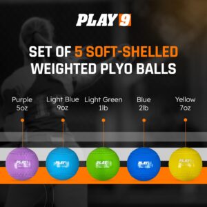 SHOP PLAY 9 Set of 5 Plyoball Weighted Ball Set for Throwing and Pitching Training - Heavy Mini Training Balls for Baseball - Builds Speed, Strength, & Muscle Memory