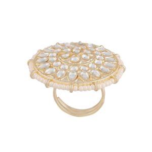 I Jewels Gold Plated Indian Wedding Bollywood White Kundan & Pearl Studded Adjustable Finger Ring for Women (FL209W)