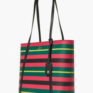 Kate Spade Cara Large Top Zip Tote Wrapping Paper Stripe Pink Black Multi