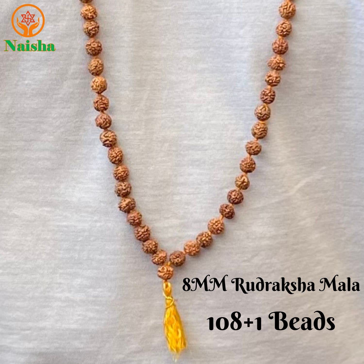 NAISHA (Pack of 3 Rudraksha Stretchable Bracelet 2 Pc. & Rudraksha Mala 108+1 Beads Necklace 5 mukhi Paanch mukhi 5 face Rudraksha, Prayer Beads, Wrist Mala Wrap, Jaap Mala, Bead Size 8 mm