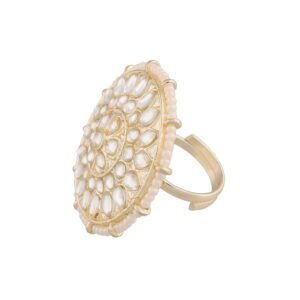 I Jewels Gold Plated Indian Wedding Bollywood White Kundan & Pearl Studded Adjustable Finger Ring for Women (FL209W)